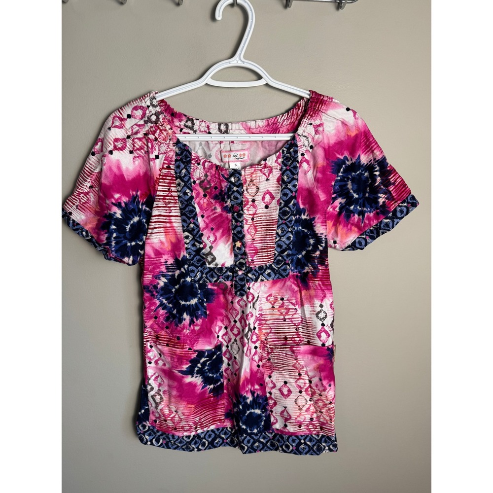 Koi Womens Pink Tie Dye Scrub Top S Boho Medical Nursing Uniform